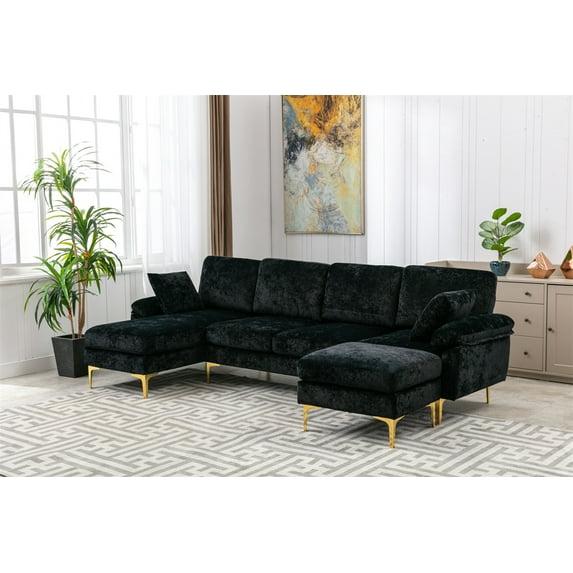 U-Shaped Accent Sofa Couches with Movable Soft Ottoman, Sectional Sofa Couch Set with 2 Pillows and Golden Metal Legs, Sofa Couch Furniture Set for Living Room, Black