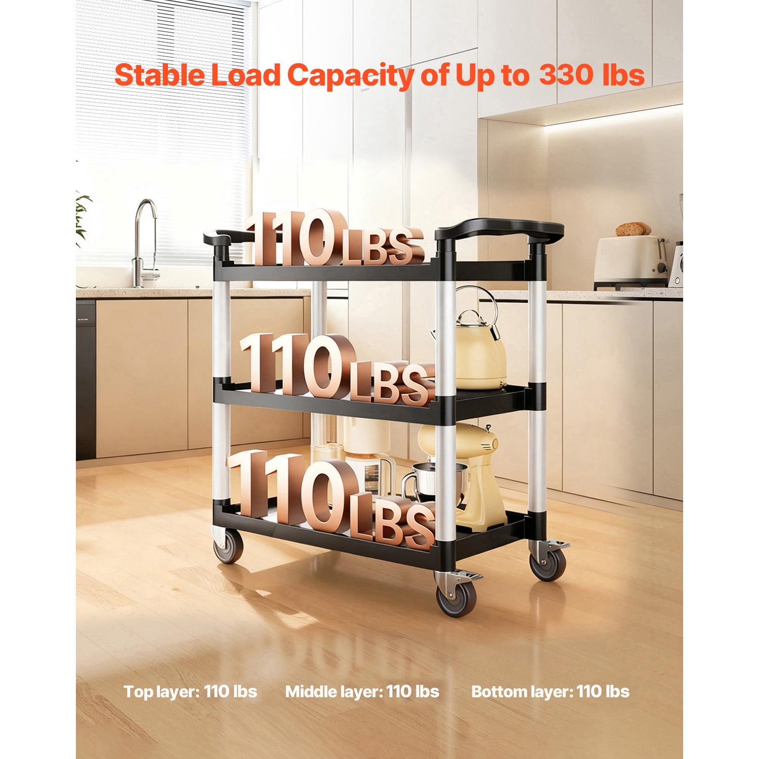 VEVOR Utility Cart, 330 lbs Load Capacity, 3-tier Utility Plastic Cart with 360° Swivel Wheels (2 with Brakes), 31.1 x 19.3-inch Food Service Cart for Warehouse, Office, Home, Restaurant, Kitchen