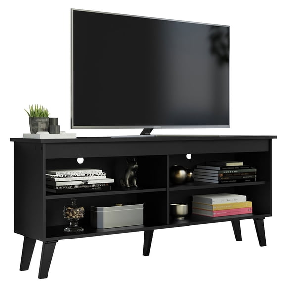 Madesa Compact TV Stand Cabinet with 4 Shelves and Cable Management for 50, 55 Inch TV Media Storage Unit Living Room and Bedroom Modern Wooden Television Media Console - Black