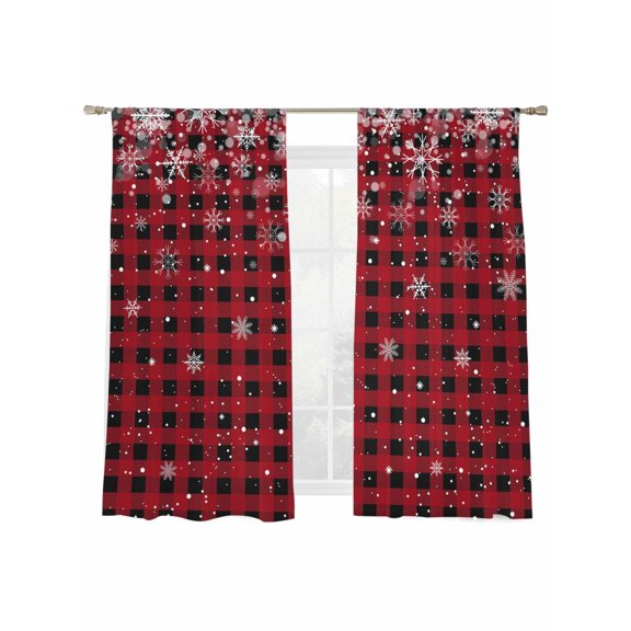 Christmas Snowflake Sheer Curtains 2 Panels Set, Black and Red Buffalo Plaid Window Sheer Curtains for Living Room/Bedroom, Light Filtering Rod Pocket Voile Drapes, 52" W x 72" L