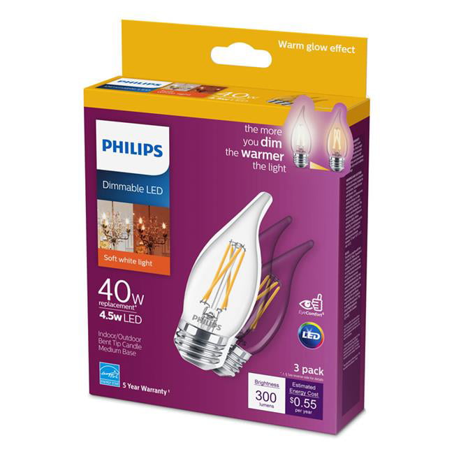Fra kort Skjult Philips 3000800 4 in., 4.5 watt & 300 Lumen B11 Decorative LED Bulb - Soft  White, Pack of 3 - Walmart.com