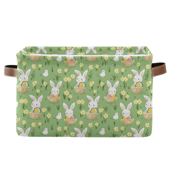 Easter Bunny Egg Flower Storage Basket Canvas Waterproof PE Lining PU Leather Handles Collapsible 14.2x10.2x8.3in