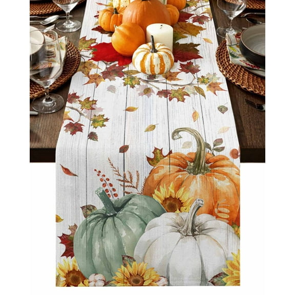 Green Orange Pumpkin Table Runner-Cotton Linen- 90 Inch Holiday Dresser Scarves, Fall Thanksgiving Leaf White Wooden Tablerunner for Kitchen Coffee/Dining Bedroom Living Room Dinner Scarf Décor 13x90