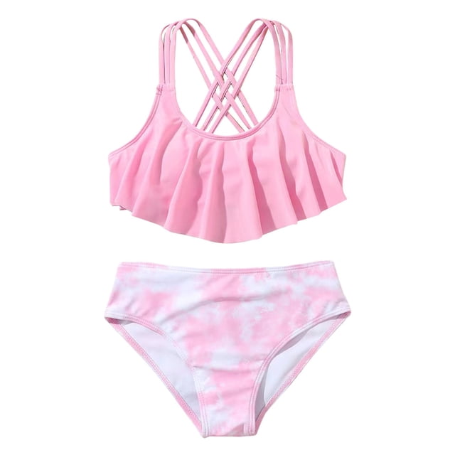 Sunnyoo Girls Bikini Set Ruffle Criss-Cross Back Swimwear 2-Piece Swimsuit, Sizes 7-12