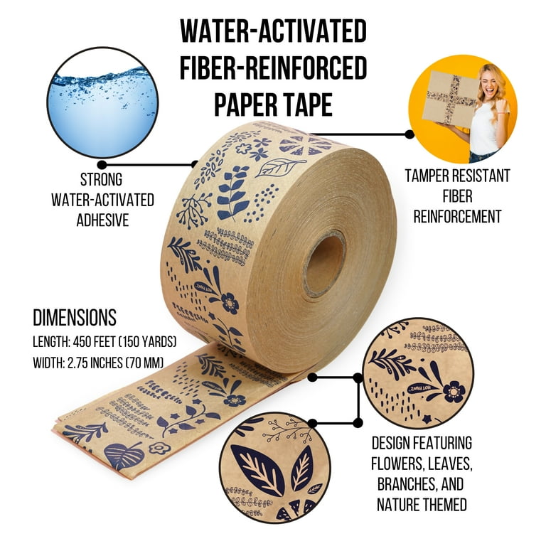 Hot Pawz Reinforced Water Activated Kraft Paper Tape, Heavy Duty Gummed  Seal, Floral Nature, 2.75 in x 450 ft, 1 Roll 