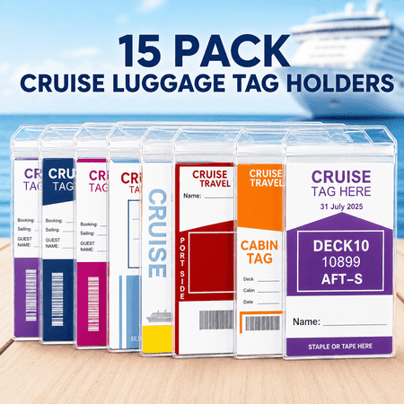 15 Pack Cruise Luggage Tag Holders, Waterproof Clear Cruise Ship Tag Holder Sleeves with Steel Wire Loops, Reusable Zip Seal Luggage Tags for Carnival, NCL, MSC, Princess & More **Key Poi