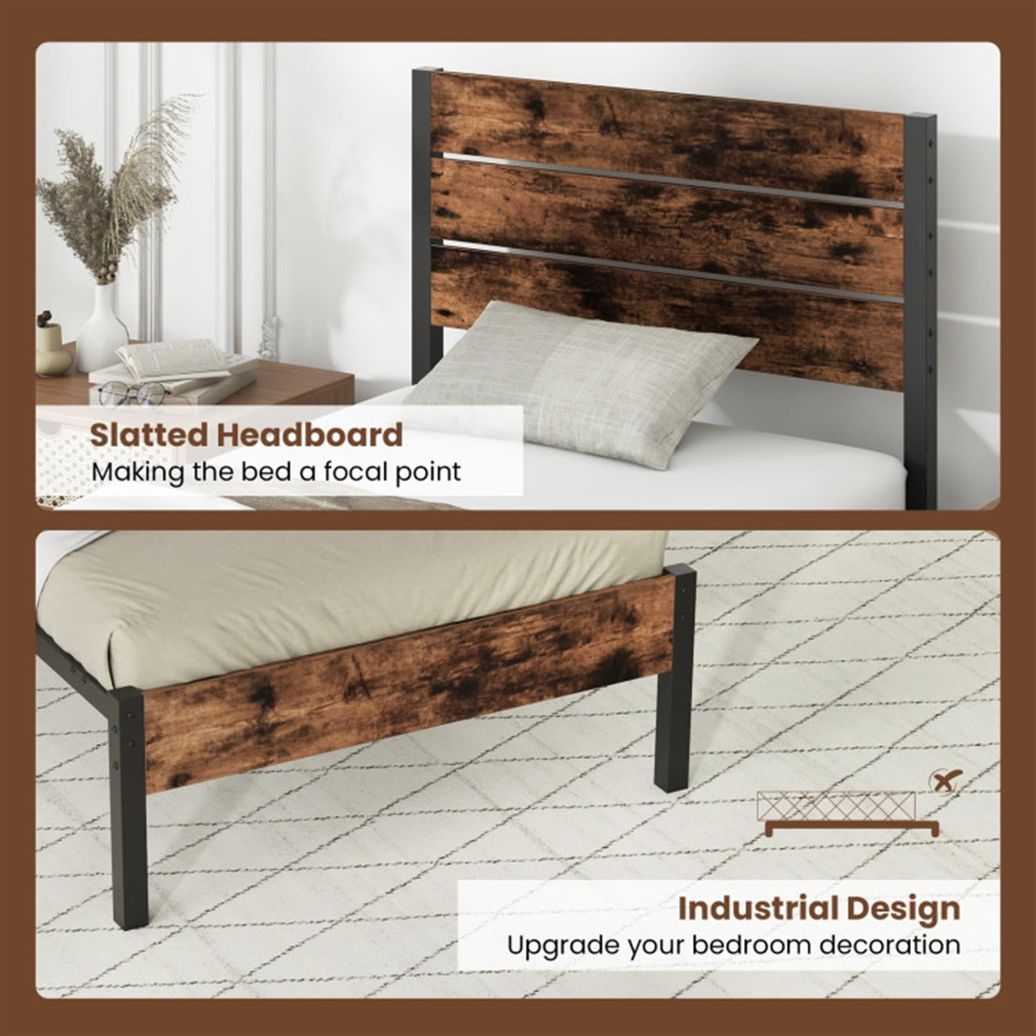 Demi Bonn Twin Size Bed Frame with High Headboard and Mute Bar, Industrial Metal Platform Bed Frame with Under Bed Storage, No Box Spring Needed, Brown