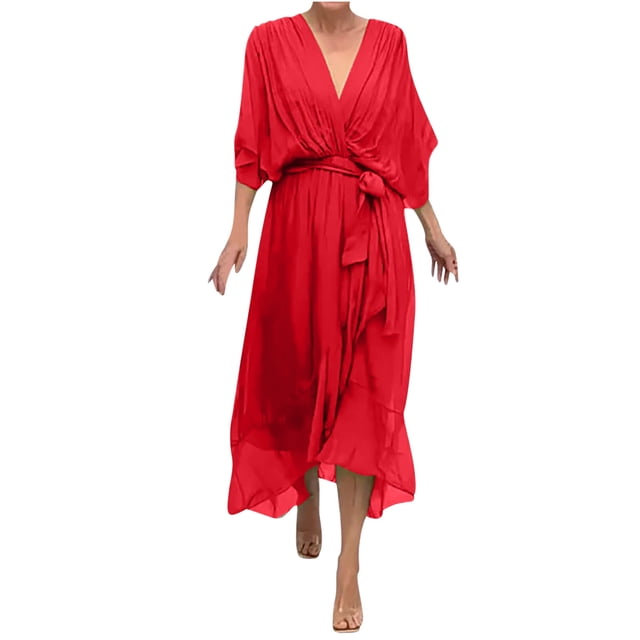 Gspmoly Robes Grande Taille pour Femmes aux Formes, Robe Longue Irrégulière Décontractée Unie à Lacets pour Femmes, Robes d'Été pour Femmes jusqu'à 70 % de Rabais