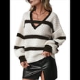 thumbnail image 1 of Suéter de Punto A Rayas para Mujer, Otoño Invierno, Moderno, Informal, Cuello en V, Jersey de Crochet, Tops con Bloques de Color. Verde L, 1 of 7