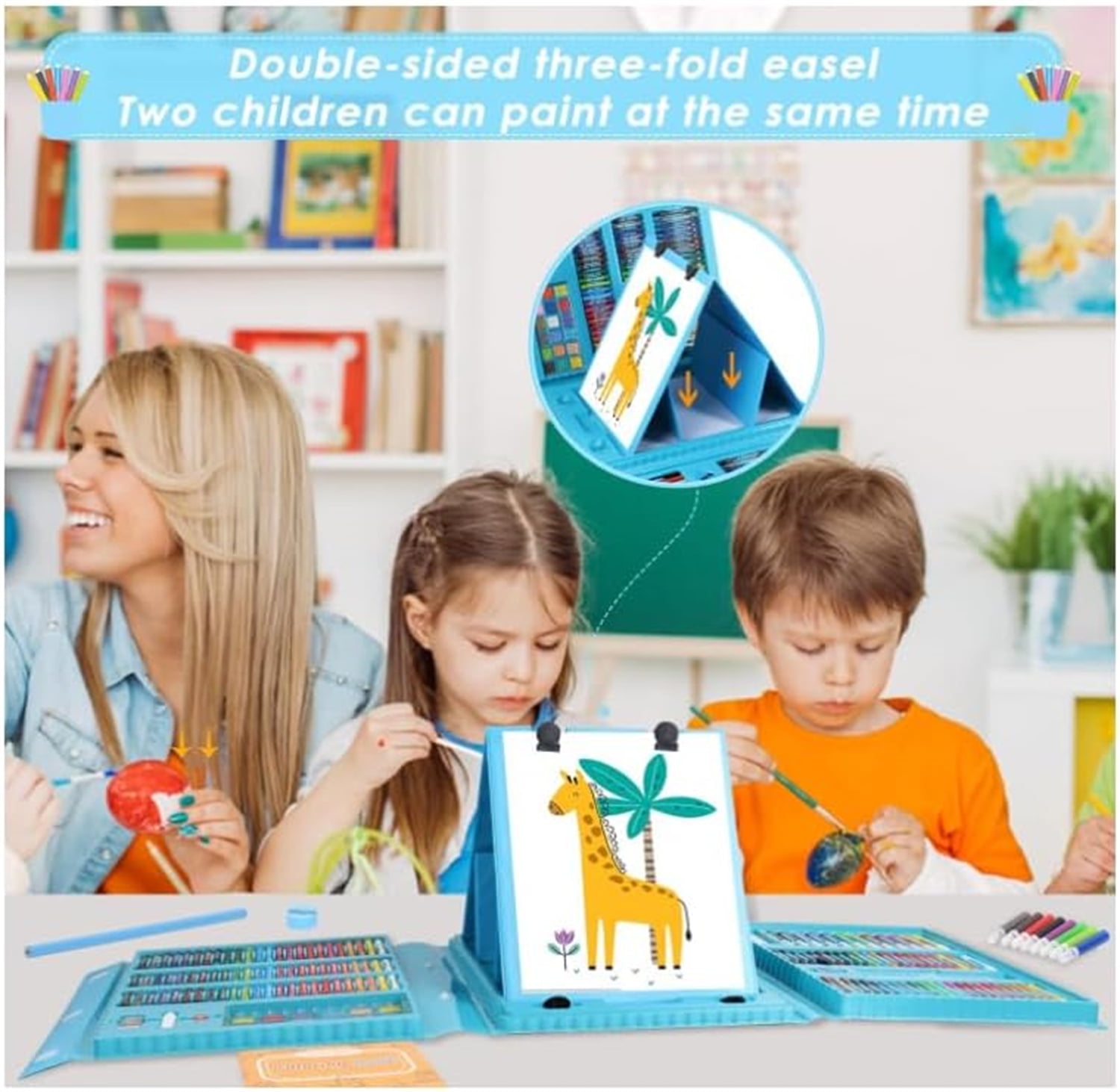 Portable Painting Art Kit,Teens Artist,Art Supplies Kit,Gifts for Girls Boys Teens,208Pcs Durable Drawing Art Kit with Oil Pastels,Colored Pencils for Kids(Blue)