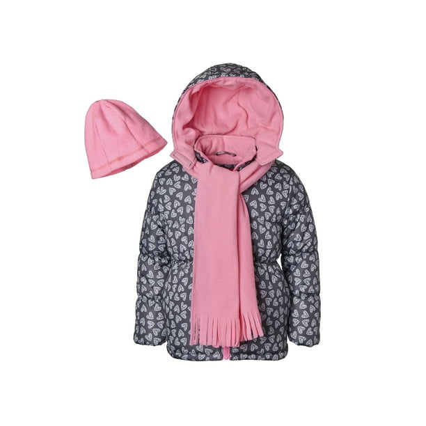 Pink Platinum Pink Platinum Heart print puffer jacket with gwp scarf
