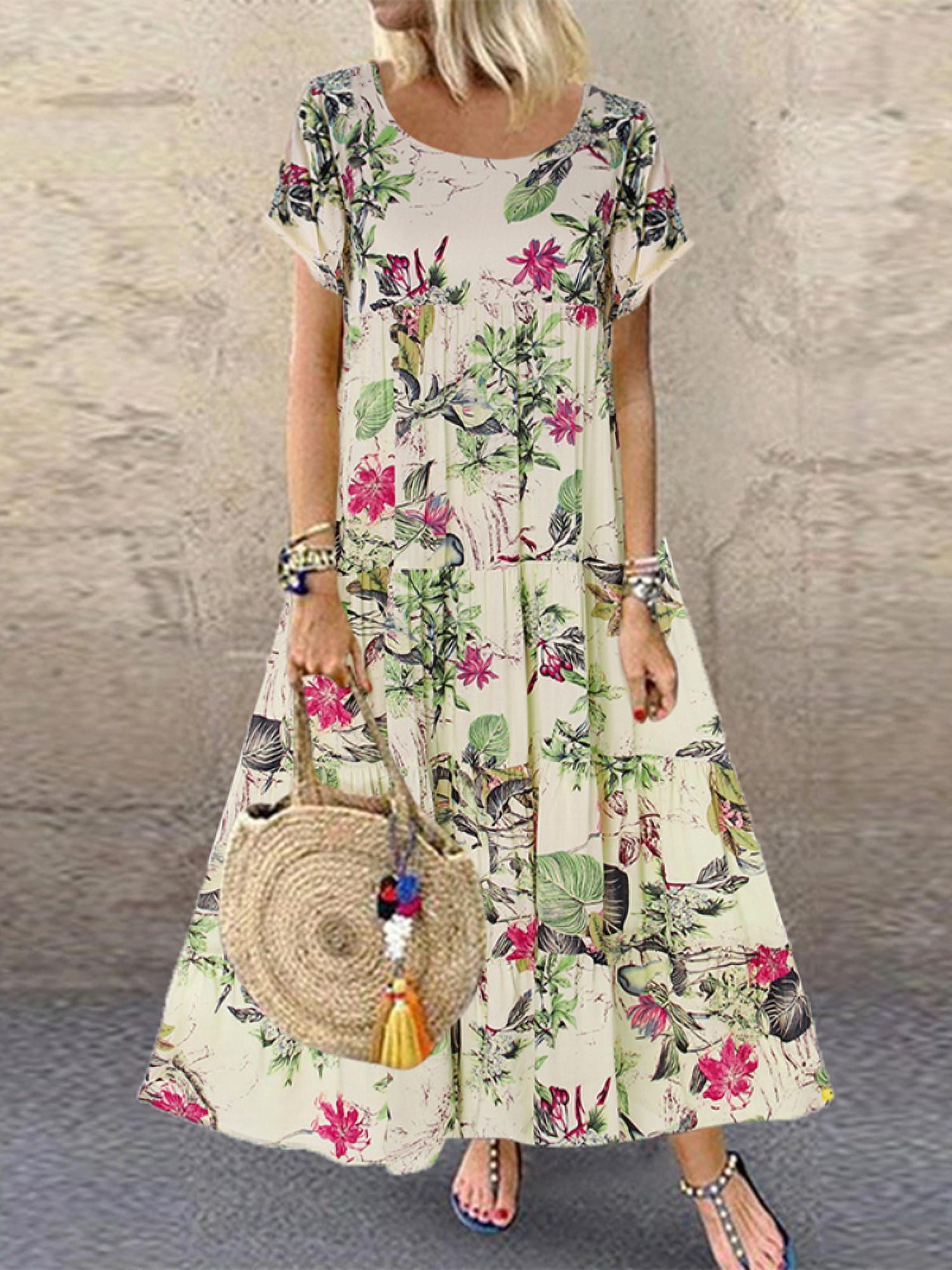 ZANZEA Women O Neck Short Sleeve Floral Printing Long Dress - Walmart.com