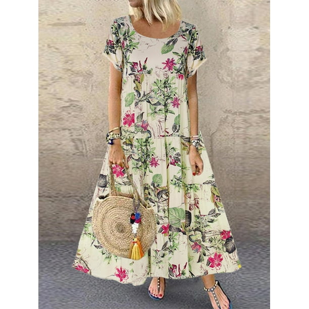 ZANZEA Women O Neck Short Sleeve Floral Printing Long Dress - Walmart.com