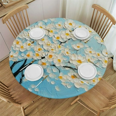 

Autua White Flowers Round Tablecloth with Elastic Edge Stain-Resistant & Washable for Indoor and Outdoor Dining Ideal for Restaurants Weddings Parties Multiple Sizes Available 54 -58