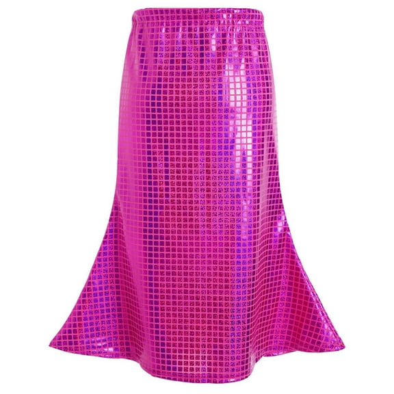 Girls Shiny Metallic Plaid Skirt Bodycon Pencil Fishtail Skirts Dance Stage Performance Club Party Wear Hot Pink, 9-10Y