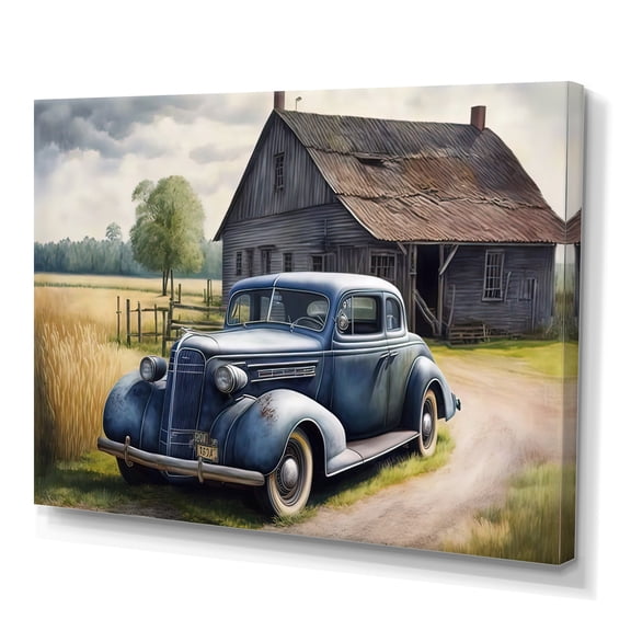 Designart Old Blue Car At The Barn Canvas Wall Art
