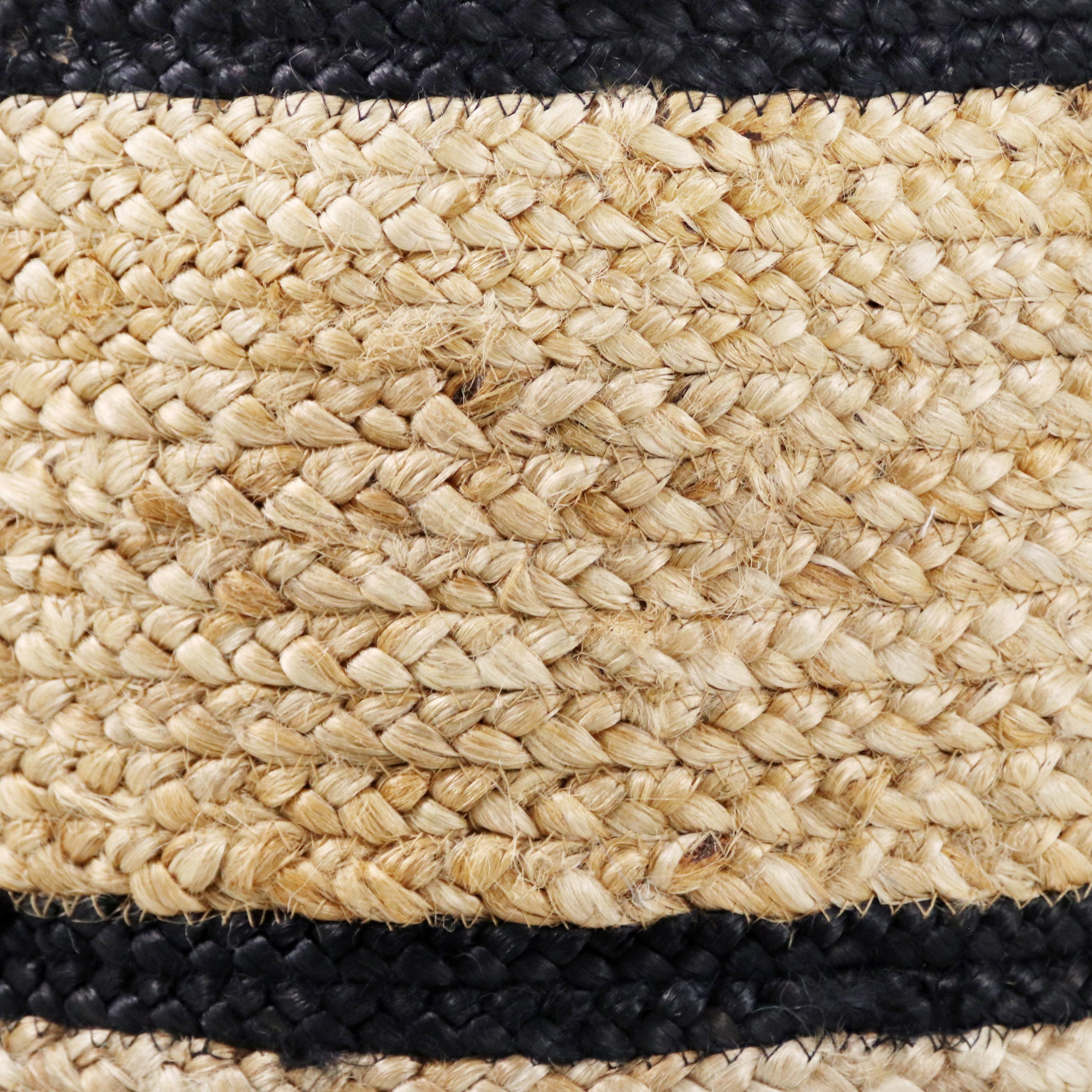 LR Home Woven Round Jute 17" Storage Basket with Handles, Black Double Stripe