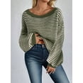 thumbnail image 2 of Women'S 2025 Fall Long Sleeve Casual Loose Striped Off Shoulder Casual Oversized Knitted Sweater Pullovers Green L, 2 of 5