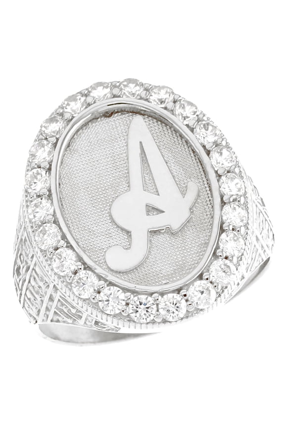 14k White Gold Mens Oval Halo White CZ Initial Letter A Ring