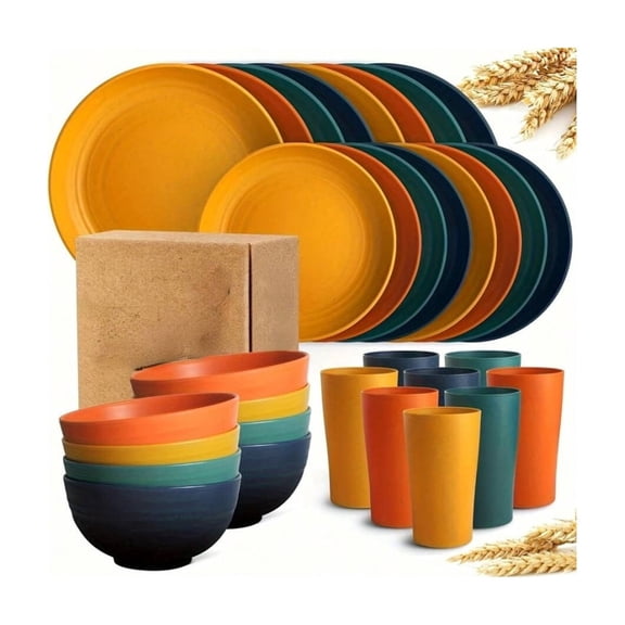 GNWZCUYSNS 32-Piece Kitchen Plastic Wheat Straw Dinnerware Set, Service for 8, Dinner Plates, Dessert Plate, Cereal Bowls, Cups, Unbreakable Colorful Plastic Outdoor Camping Dishes