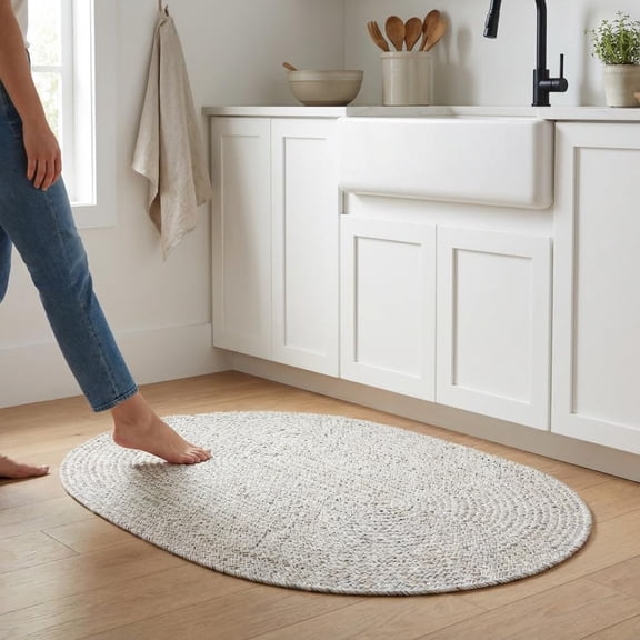 Super Area Rugs Ivory Braided Rug Farmhouse Kitchen Braided Carpet - Washable - Rustic Floor Covering for Kitchen Sink - Oval 2' X 3'