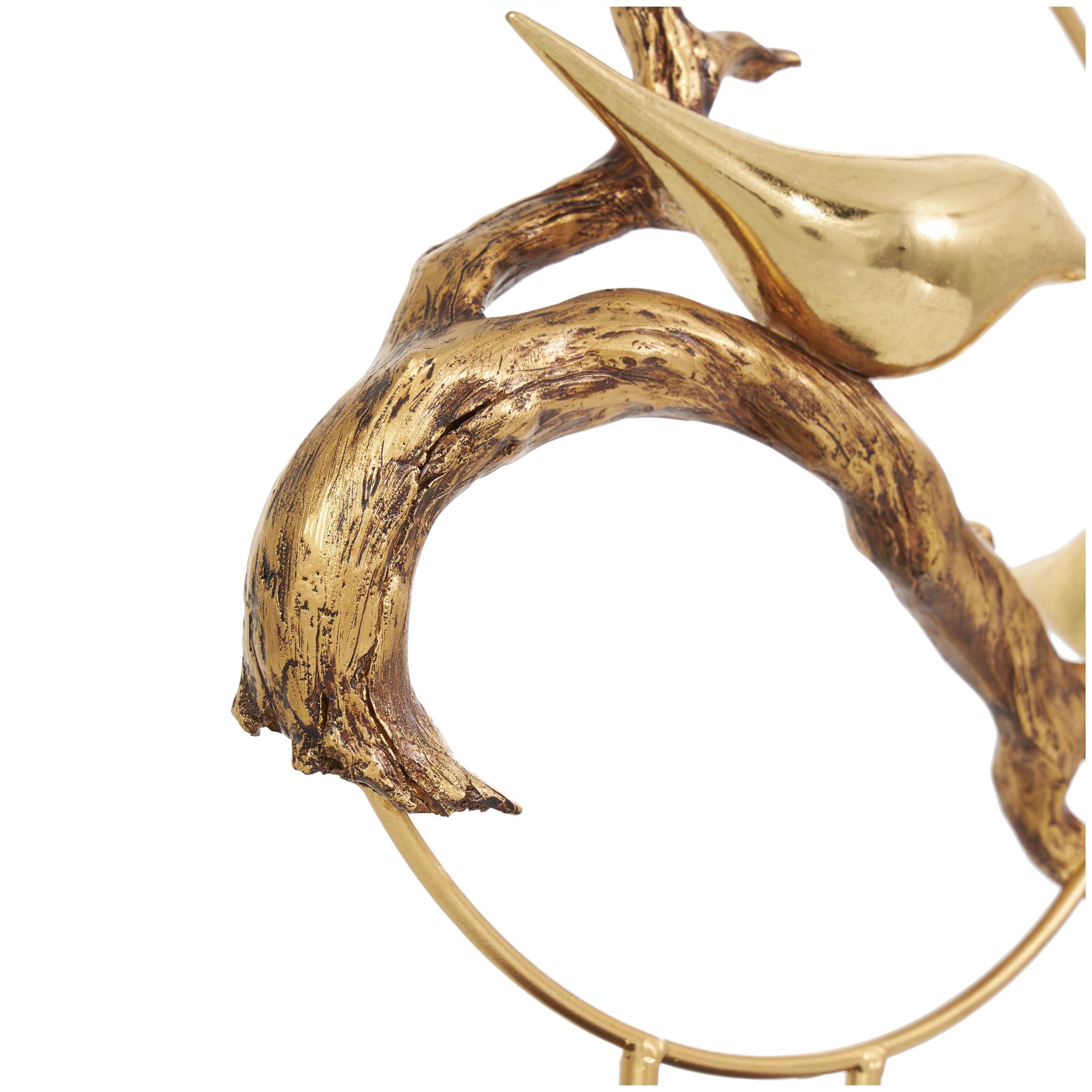 15" x 16" Gold Polystone Family On A Branch Bird Sculpture with Brown Block Base, by DecMode