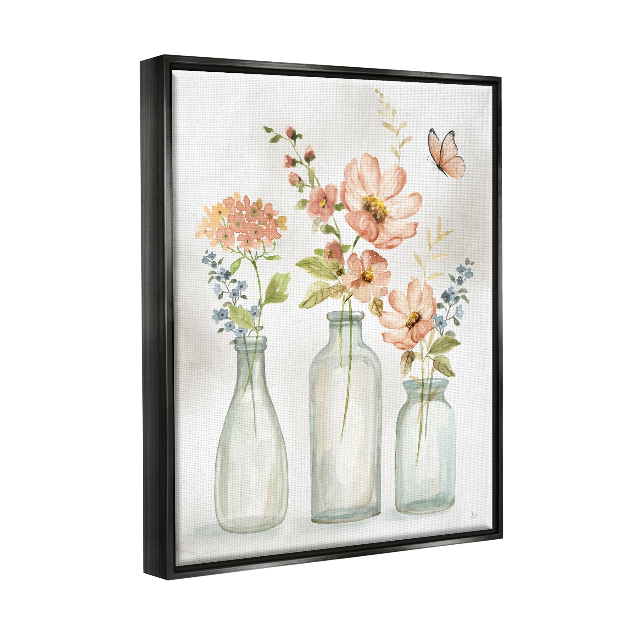 Stupell Pink Flowers Fluttering Butterfly Botanical & Floral Painting Black Floater Framed Art Print Wall Art