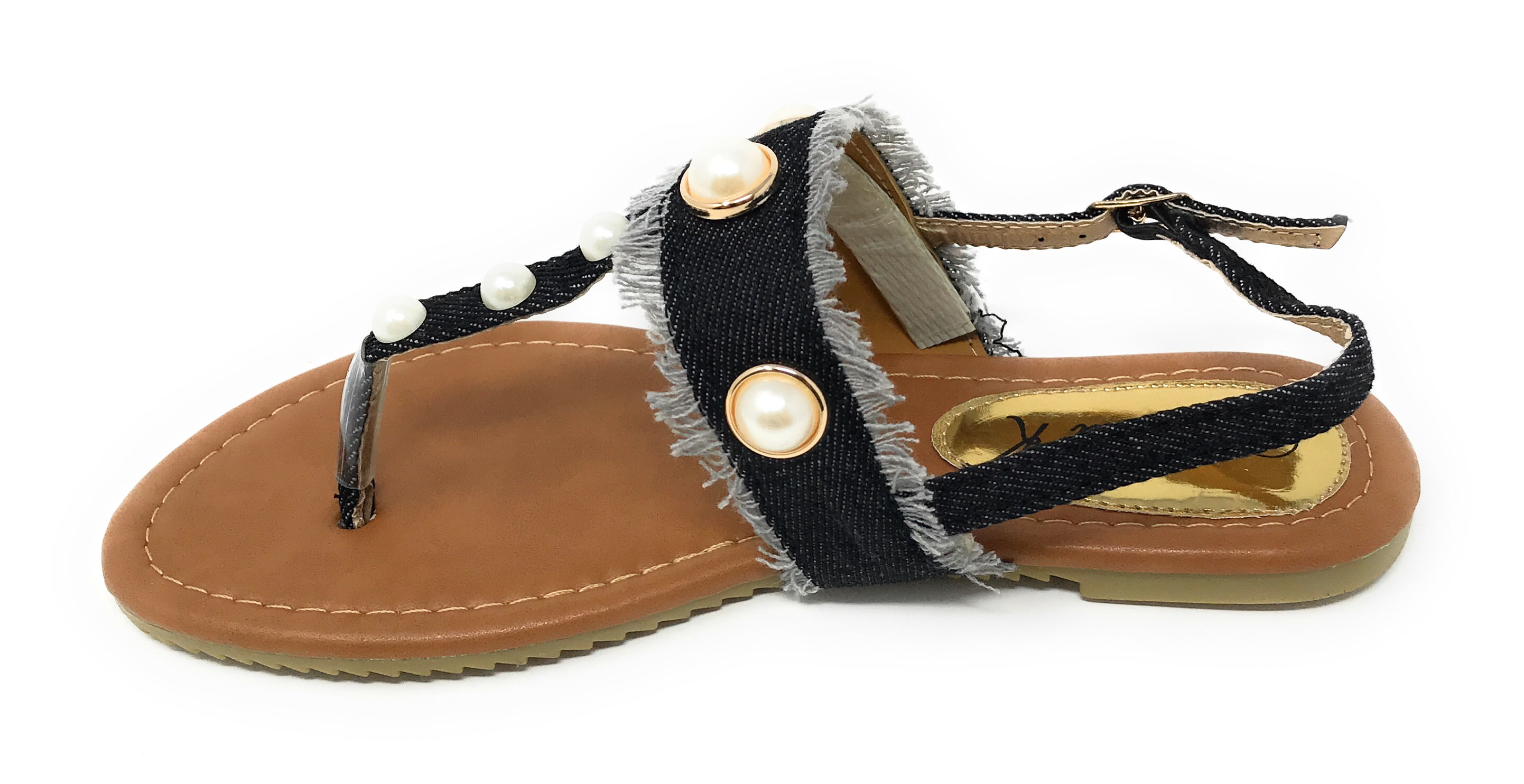 Victoria K Women's Fringed Denim With Pearl Studs Sandals