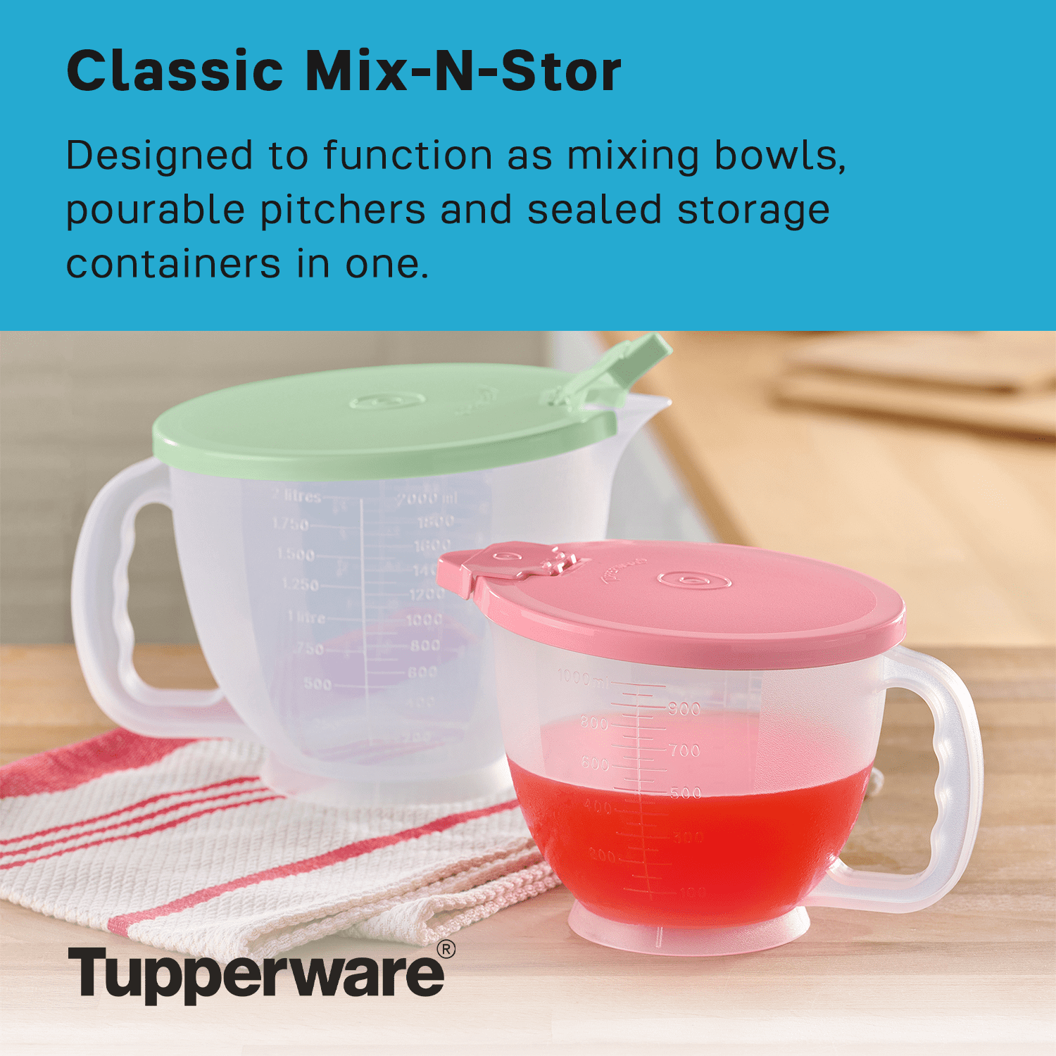 Tupperware Classic Mix-N-Store Plastic Pitcher Set with Lids (2