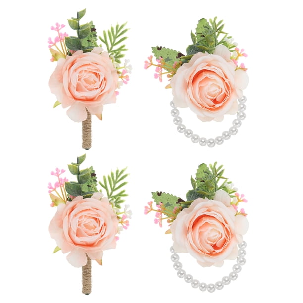 Conjunto de Corsage y Boutonnieres Uxcell, Pulsera de Flor para Boda, Banda de Muñeca Rosa Oscura, 4 Piezas