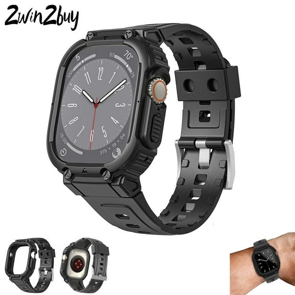 2WIN2BUY Apple Watch Band with Case Crystal Cover for iWatch Series 8 Ultra 49mm Rugged Shockproof Sport Band for Apple Watch with Protective Cases, for Men and Women(Black)