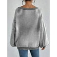 thumbnail image 4 of Women'S 2025 Fall Long Sleeve Casual Loose Striped Off Shoulder Casual Oversized Knitted Sweater Pullovers Grey XL, 4 of 5