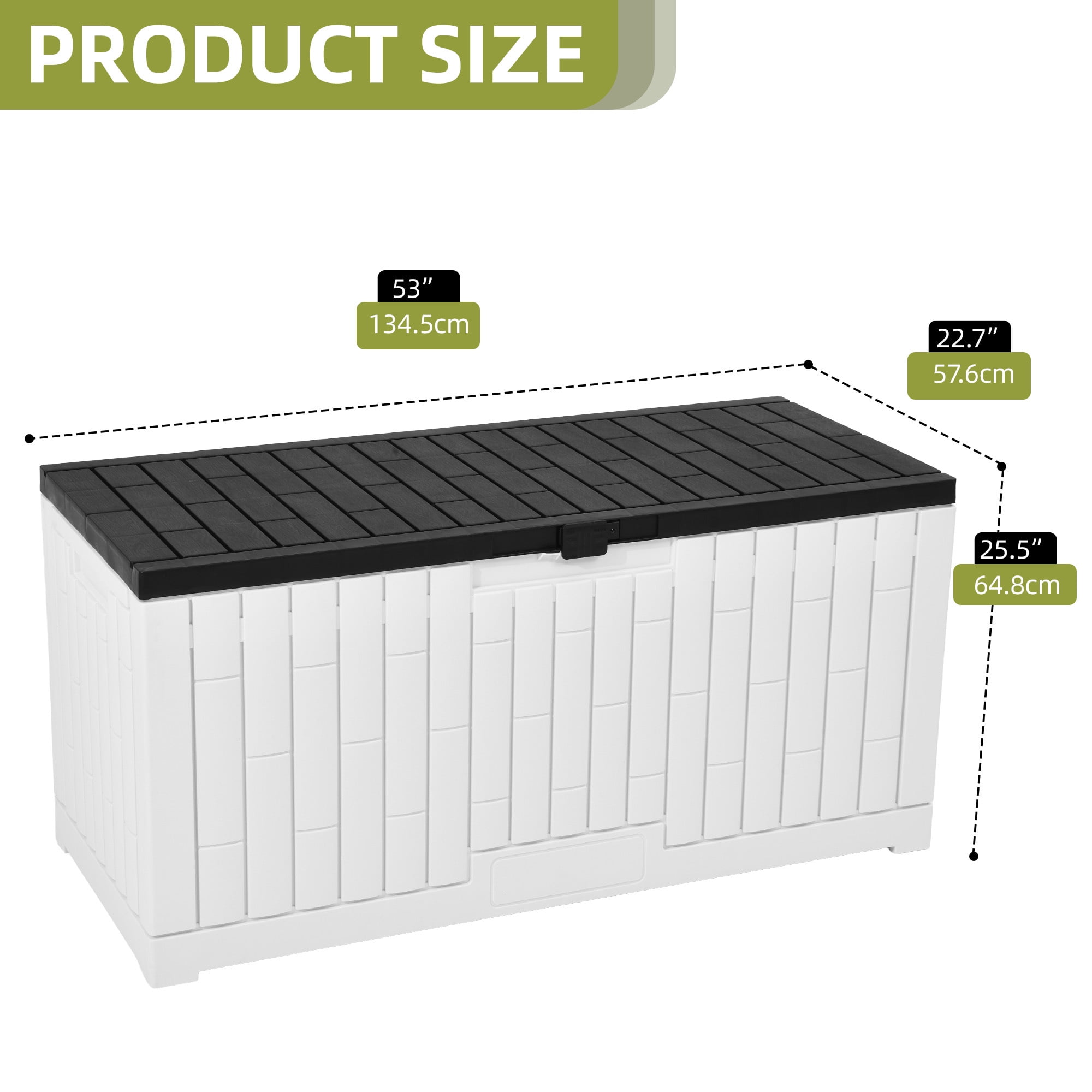 Dextrus 120 Gallon Weatherproof Resin Outdoor Storage Box, Slide Lock Patio Deck Bench for Garden Pool Yard, Easy Assembly, White