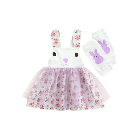 

Domingbub Toddler Baby Girls Bunny Ears Floral Print Backless Tulle Tutu Dress Leg Warmers Princess Easter Outfits Purple 18-24 Months