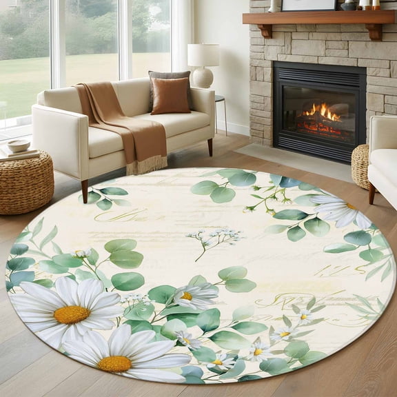 Round Area Rugs Collection 8 Ft, Spring Floral Daisy Non-Slip Residential Carpet, Eucalyptus Leaves Watercolor Botanical Indoor Crawling Mats Runner Rugs for Living Room/Dining Room/Bedroom