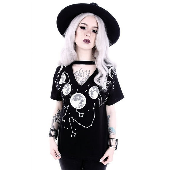 Restyle Moon Phases V-Neck Choker Gothic Shirt, Black (XS)