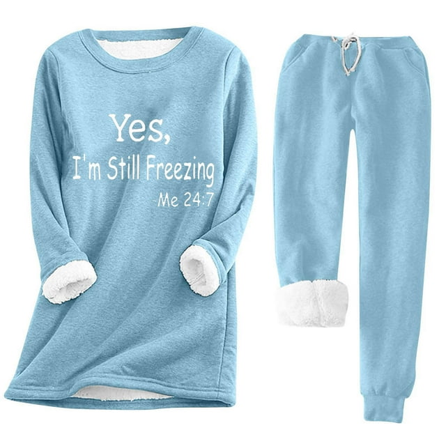 DPTALR Women's Round Neck Pocket With Thickened Plush Insulation Long Sleeved Top And Plush Pants Set