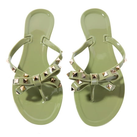 

Women Jelly flip Flop Bow Sandals-Beach Flat Rivets Rain Ankle Strap Thong Nude