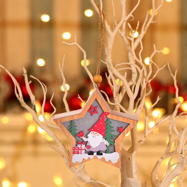 Adorno de estrella LED con luces cálidas - Colgante de madera de Papá Noel y muñeco de nieve - Decoración del árbol de Navidad de 4,13 pulgadas