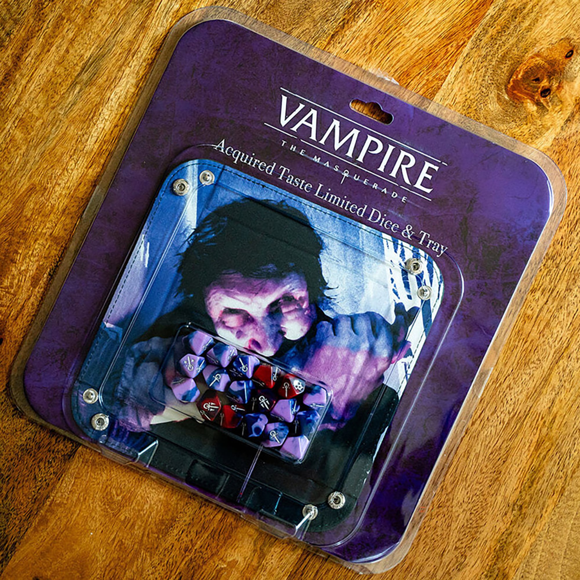 Vampire: The Masquerade 5th Edition Roleplaying Game - Acquired Taste Limited Dice & Tray Accessory Pack - 18 Purple & Red RPG Dice & Folding Tray