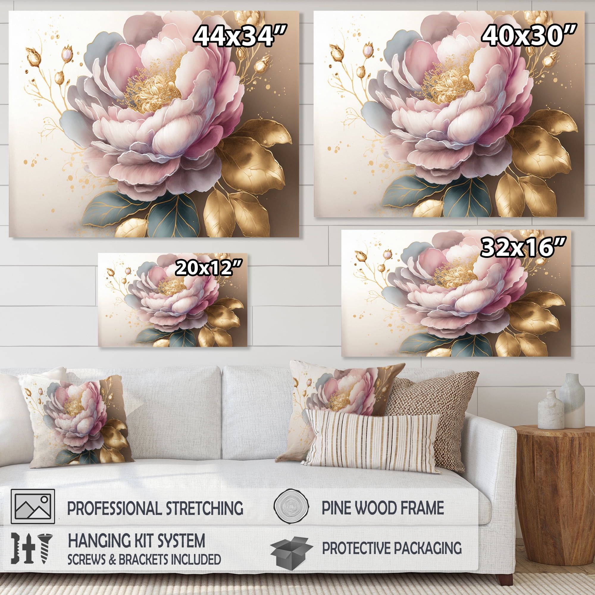 Designart Pink And Gold Camellia Flower II Canvas Wall Art