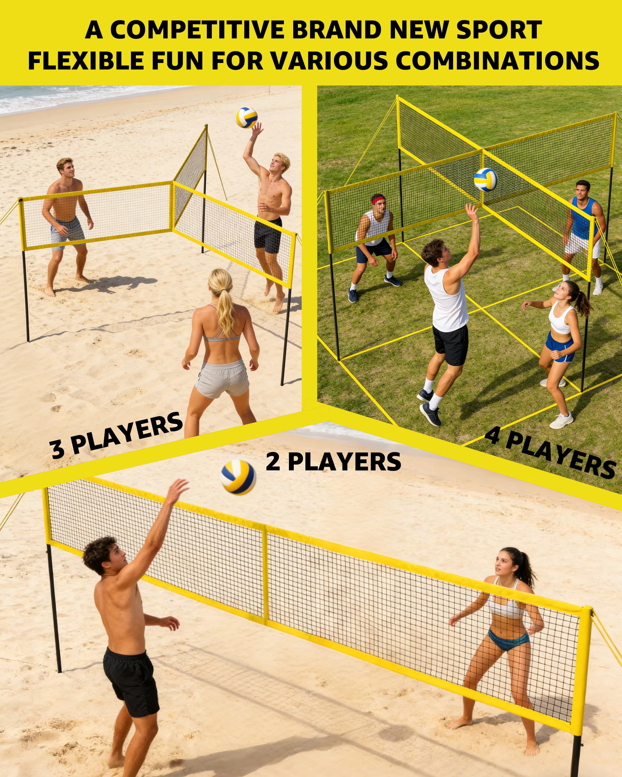 4 Square Volleyball Game Set - 4 Way Cross Net For Backyard & Beach  Portable Outdoor Badminton Combo 4 Person Four With Carrying Bag