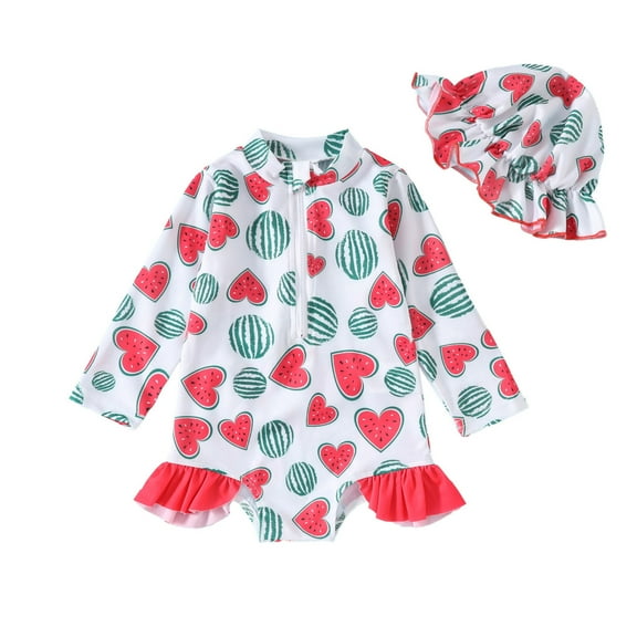 RUTAYY Summer Toddler Girls Long Sleeve Ruffles Watermelon Prints Monokini One-Piece Swimwear Beach Swimsuit Bikini Cap Set Pool Tropical Beachwear, 12-18 Months