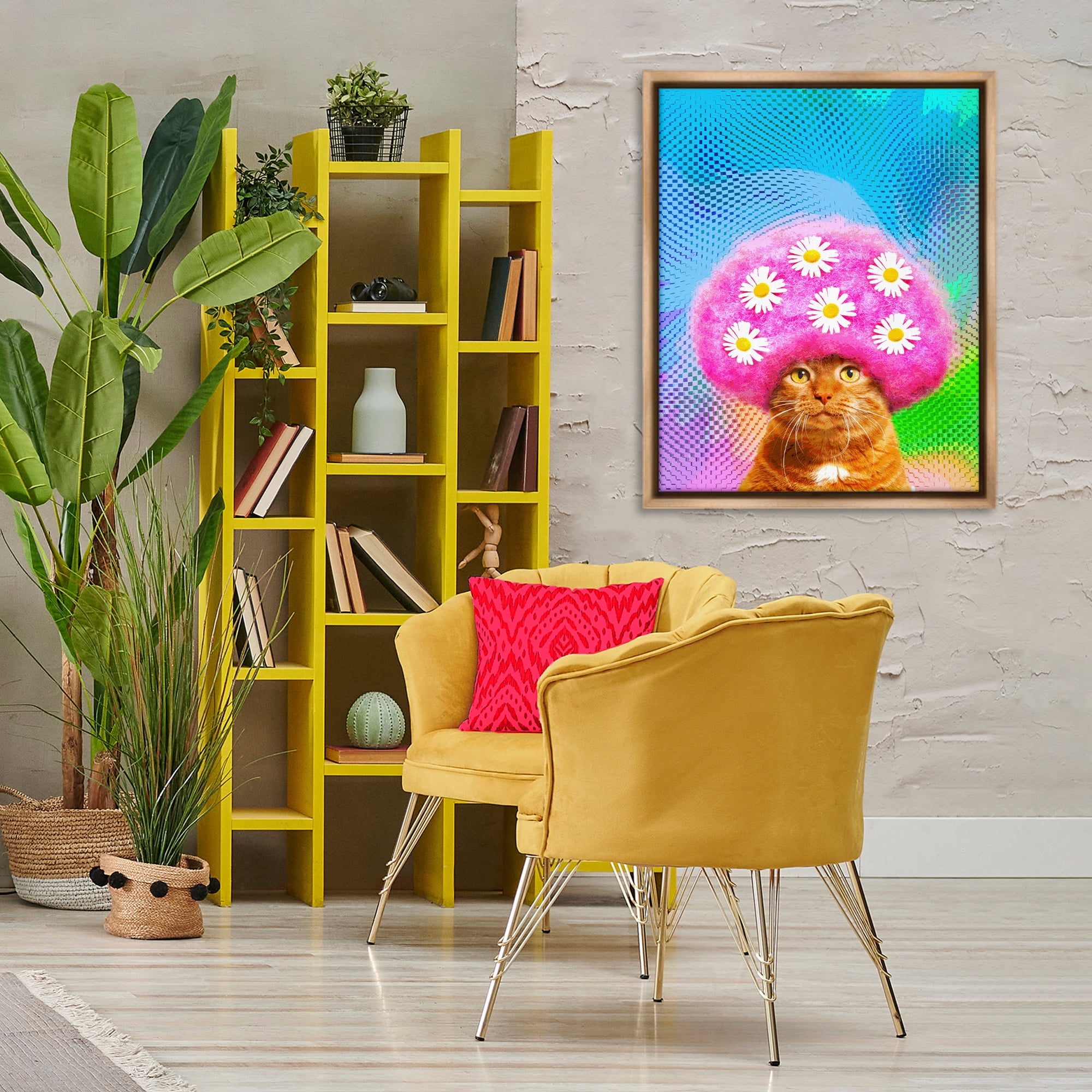 Stupell Industries Groovy Daisy Wig Cat Novelty & Humor Painting Brown Floater Framed Canvas Art Print Wall Art, 25 x 31