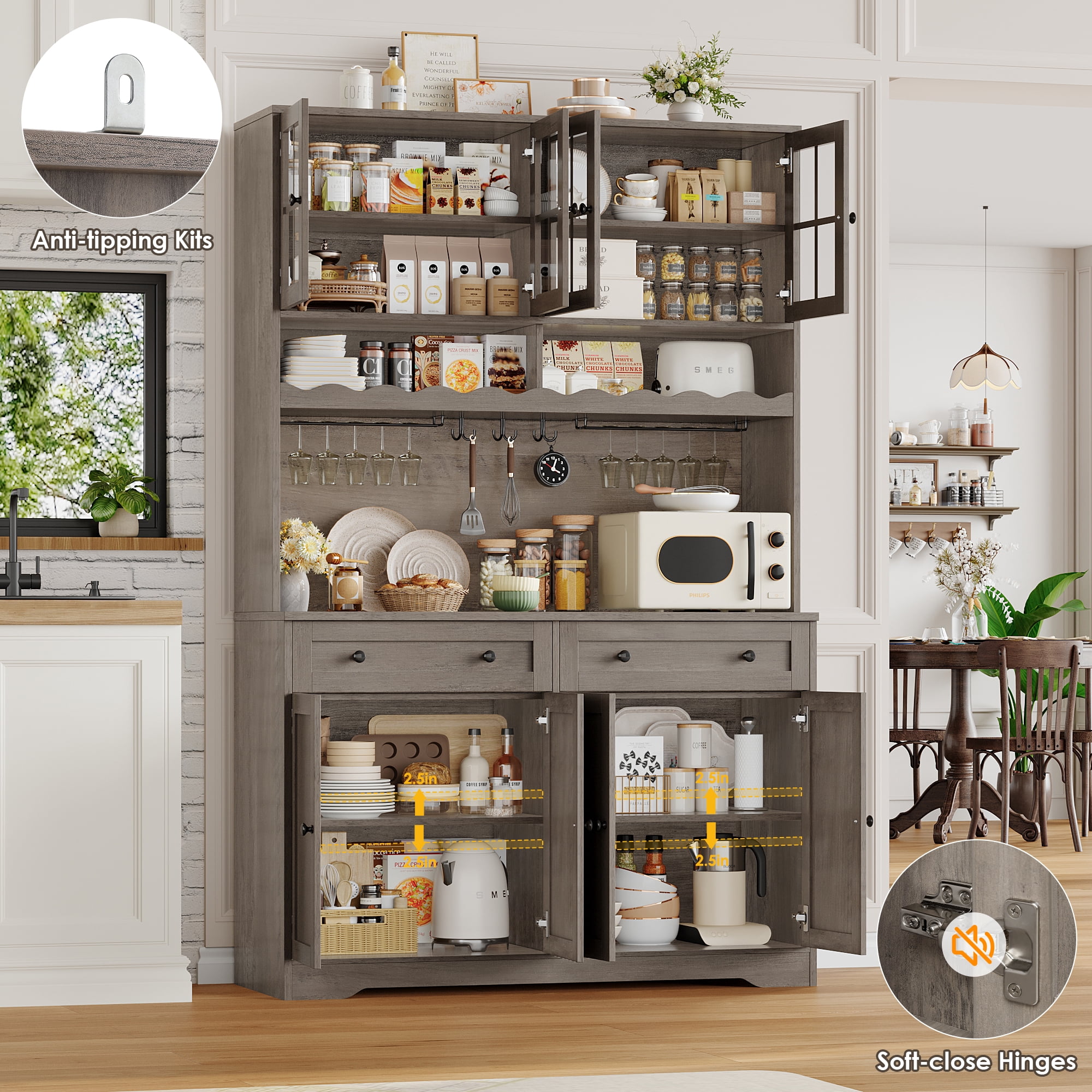Hiphuta 75"Tall Kitchen Pantry Storage Cabinet with Power Outlet, Large Pantry Cabinet with Microwave Stand, Modern Freestanding Cupboard Hutch for Home Dinning Room, Ash Gray
