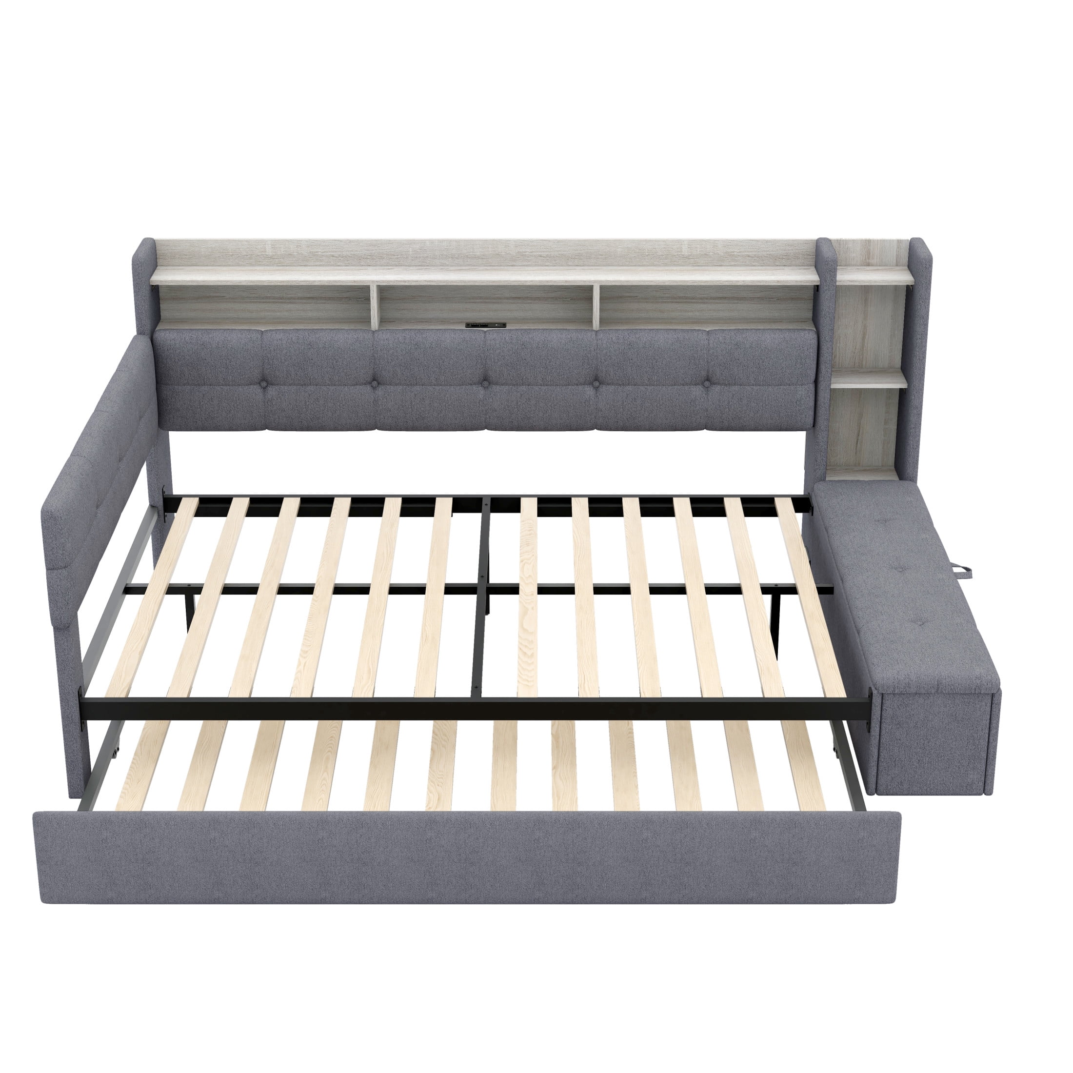 Noble House Brevon Full Size Upholstered Daybed with Trundle, Built-in USB Charging Station and LED Light, Grey