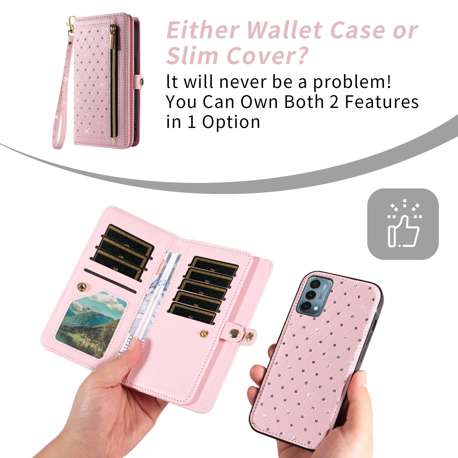 Phone Case for OnePlus Nord N200 5G Zipper Wallet Detachable Cell Cover with Tempered Glass Screen Protector Crossbody Lanyard Strap Bling Glitter Flip Card Holder Slot One Plus N 200 G5 Women Pink