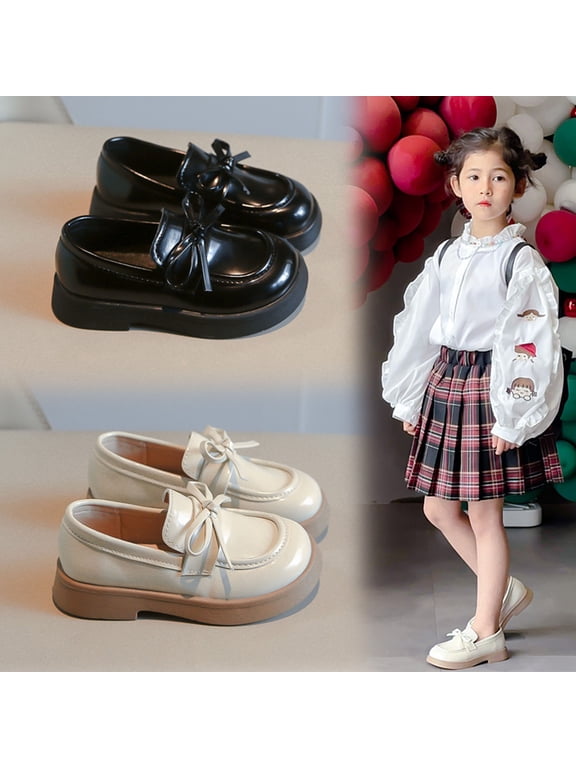 Girl's British Style School Uniform Leather Shoes Solid Color Bow Princess Performance Shoes Black 35(35)
