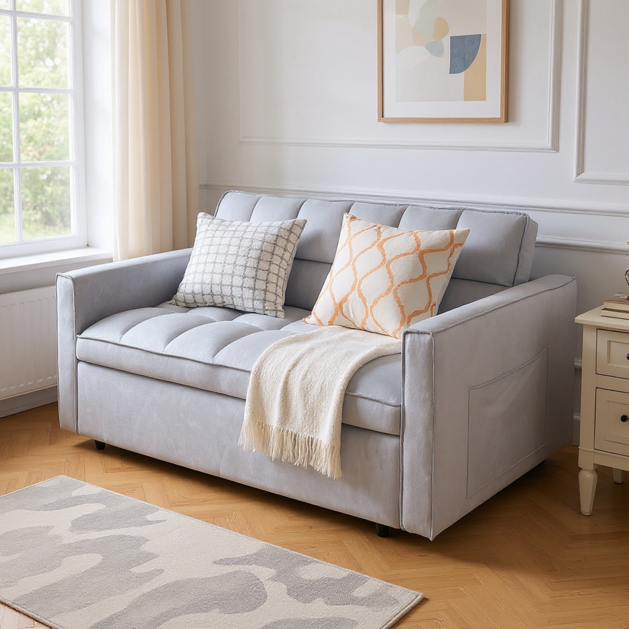 Gewnee 51.1 Inch Convertible Sofa Bed,Velvet Loveseat Sofa with Foldable Sofa Bed,Sleeper Sofa for Living Room or Office,Futon Sofa with Adjustable Backrest.Light Grey