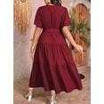 thumbnail image 2 of Burgundy Plus Size V-Neck Wrap Maxi Dress With Tiered Ruffle Hem And Self-Tie Waist Belt, Short Sleeve, 2 of 8
